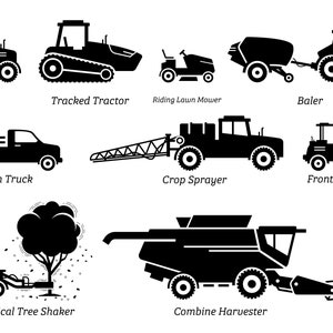 Agriculture Farm Farming Vehicle Tractor Truck Machine Lawn Mower Combine Harvester Front Loader Baler Digital Download Icons PNG SVG Vector