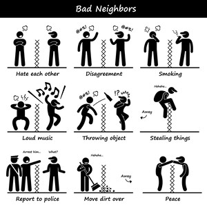 Op de afbeelding: Zwart-witte stick figure illustraties die verschillende gedragingen van slechte buren uitbeelden, zoals ruzie maken, roken, luide muziek afspelen, voorwerpen gooien, dingen stelen, de politie bellen, aarde over de schutting gooien en in vrede leven.