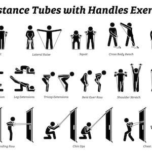 Resistance Tubes with Handles Exercises Exercising Stretch Stretches Workout Train Training Poses Postures Gym Fitness PNG SVG EPS Vector