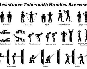 Tubos de resistencia con ejercicios de manijas Ejercicios ejerciendo estiramientos entrenamiento entrenamiento entrenamiento plantea posturas gimnasio fitness PNG SVG EPS Vector