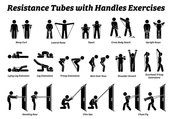 Resistance Tubes with Handles Exercises Exercising Stretch Stretches Workout Train Training Poses Postures Gym Fitness PNG SVG EPS Vector