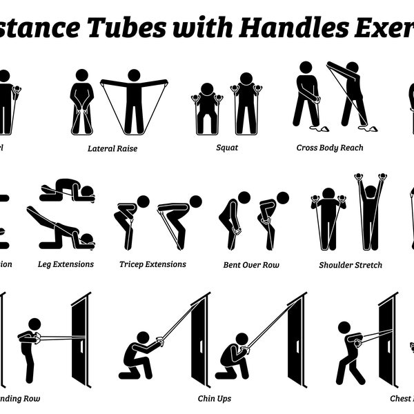 Resistance Tubes with Handles Exercises Exercising Stretch Stretches Workout Train Training Poses Postures Gym Fitness PNG SVG EPS Vector