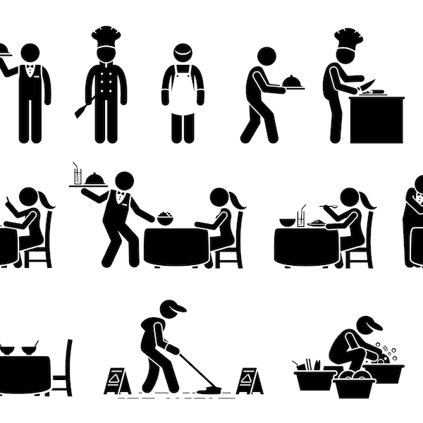 Restaurant Cafe Kitchen Workers Employees Customers Manager Cook Chef Supervisor Cleaner Waiter Server Preparing Food Serve Icon SVG Vector