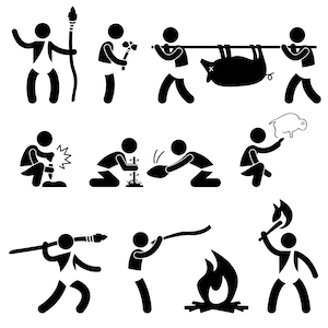 Primitive Primeval Ancient People Prehistoric Caveman Stone Age Native Human Tool Equipment Hunter Food Fire Icon Symbol Sign PNG SVG Vector