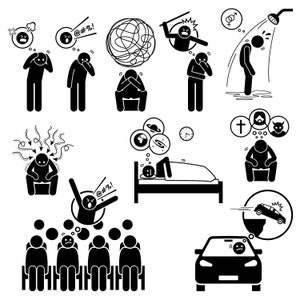 May include: Black and white stick figure illustrations depicting various mental health challenges, including anxiety, stress, and depression. The illustrations show people experiencing thoughts of anger, fear, and self-doubt.