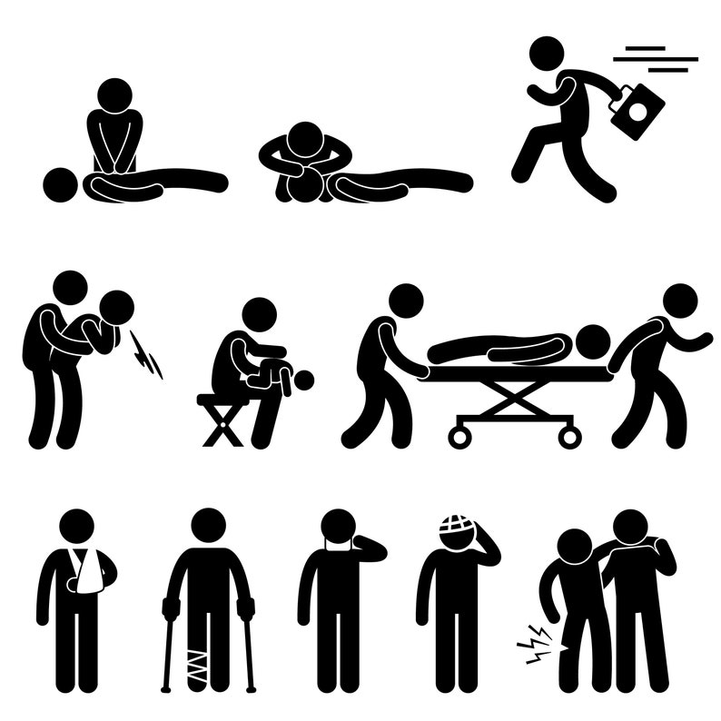 May include: Black and white stick figure illustrations depicting various first aid and emergency medical situations.  The illustrations include CPR, a person choking, a person with a broken leg, a person with a broken arm, a person with a head injury, and a person being carried on a stretcher.