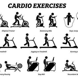 May include: Black and white illustration of different cardio exercises, including elliptical trainer, stationary bike, rope jumping, walking, jogging, and running on a treadmill, stationary rowing, step mill, and recumbent stationary bike.