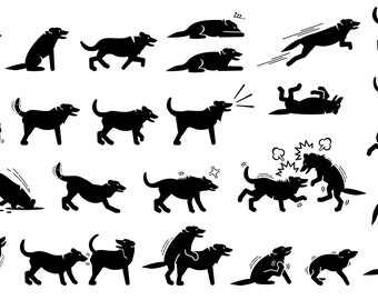 Dog Dogs Canine Wild Domestic Actions Standing Walking Running Jumping Bark Barking Eating Mating Hump Instant Download Icons PNG SVG Vector