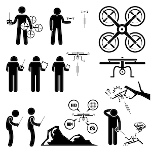 Könnte beinhalten: Schwarz-weiße Strichmännchen-Illustrationen, die verschiedene Möglichkeiten zeigen, wie man eine Drohne verwendet. Die Illustrationen zeigen eine Person, die eine Drohne fliegt, eine Drohne, die Fotos und Videos macht, eine Drohne, die über einen Berg fliegt, und eine Drohne, die gegen einen Baum prallt.