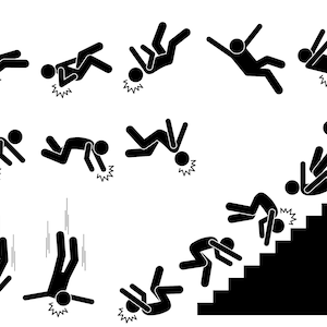 May include: Black and white stick figure illustrations depicting various ways a person can fall, including tripping, slipping, and falling down stairs.