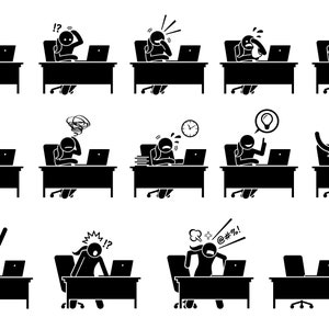 May include: A black and white illustration of a person sitting at a desk in front of a computer. The person is experiencing a variety of emotions, including frustration, confusion, excitement, and boredom. The illustration is a humorous depiction of the challenges of working at a computer.