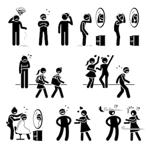 Bald Man Wig Fake Hair Toupee Funny Mirror Reflection Sad Happy Girls Barber Salon Artwork Illustration Stick Figure EPS PNG SVG Vector