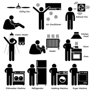 Home House Electronic Appliances AC Fan Water Heater Kitchen Hood Stove Oven Dishwasher Fridge Washing Machine Dryer Download PNG SVG Vector