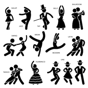 Peut inclure: Illustrations en noir et blanc de silhouettes représentant différents styles de danse, notamment le ballet, le jazz, le claquettes, le ventre, le bal, le swing, le breakdance, le moderne, le latin, le flamenco, la ligne et le tango.