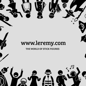 May include: A light gray background with black stick figures of various professions and characters encircling the text "www.leremy.com THE WORLD OF STICK FIGURES". The stick figures include a doctor, a construction worker, and a wizard.