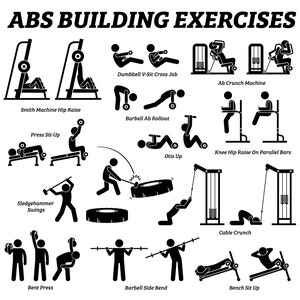 May include: Black and white illustration of 12 different exercises for building abs. The exercises include: Dumbbell V-Sit Cross Jab, Ab Crunch Machine, Smith Machine Hip Raise, Barbell Ab Rollout, Press Sit-Up, Knee Hip Raise On Parallel Bars, Otis Up, Sledgehammer Swings, Cable Crunch, Bent Press, Barbell Side Bend, and Bench Sit Up.