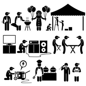 May include: Black and white illustration of a party setup with various activities, including a clown, a grill, a tent, a sound system, a food station, and a generator.
