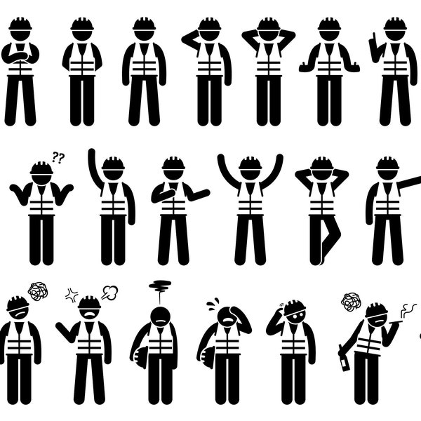 Industrial Industry Worker Construction Character Basic Poses Emotion Actions Safety Vest Hard Hat Workman Stick Figure EPS PNG SVG Vector