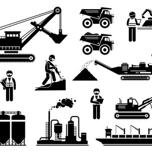 Könnte beinhalten: Schwarz-weiß-Illustration verschiedener Bau- und Bergbaugeräte, darunter ein großer Bagger, Muldenkipper, ein Bohrgerät und ein Förderband. Außerdem sind mehrere Strichmännchen von Arbeitern in Schutzhelmen und Sicherheitswesten zu sehen.