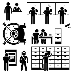 Bank Vault Banking Business Worker Mitarbeiter Agent Finanzberater Kunden Kunde ATM Safe Deposit Locker Security Guard PNG SVG Vector