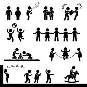 Happy Children Kids Play Playing Childhood Kindergarten Toys Stacking Skipping Rope Boys Girls Friends Icons Symbol Sign SVG PNG EPS Vector