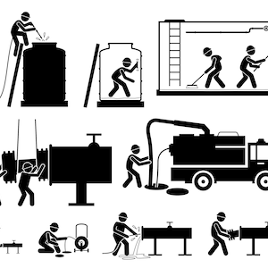Puede incluir: Ilustración en blanco y negro de trabajadores limpiando y manteniendo un tanque de agua y tuberías. La ilustración muestra trabajadores usando una manguera, un camión de vacío y otras herramientas para limpiar el tanque y las tuberías.
