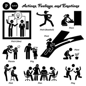 May include: Black and white stick figure illustrations depicting various actions and emotions. The image includes words such as "Pitch (Idea)", "Placate", "Pity", "Plait", "Place", "Pitch (Baseball)", "Pivot", "Plan", "Play", and "Plant".