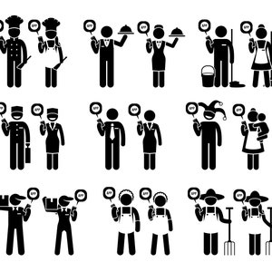 May include: Black and white stick figure illustrations of various people using a mobile app. The app icon says "APP". The people are wearing different uniforms and holding various objects, such as a tray, a broom, a suitcase, and a pitchfork.