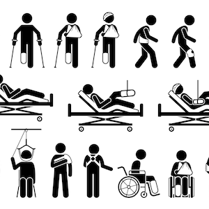 Orthopedics Body Back Support Injury Injured Accident Hospital Bed Broken Leg Knee Guard Shoulder Strap Splint Wheelchair SVG PNG EPS Vector
