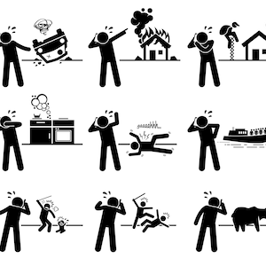 Könnte beinhalten: Eine Schwarzweißillustration einer Person am Telefon mit einem panischen Ausdruck. Die Person erlebt eine Vielzahl von Notfällen, darunter einen Autounfall, einen Hausbrand, einen Küchenbrand, eine Person, die einen Stromschlag erleidet, ein sinkendes Boot, einen Kampf und einen Bärenangriff.