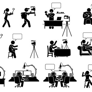 Video Blog Vlog Podcast Live Streaming Stream Webcam Web Cam Travel Professional Man Kamera Stick Figur Icons PNG SVG EPS Vektor Download
