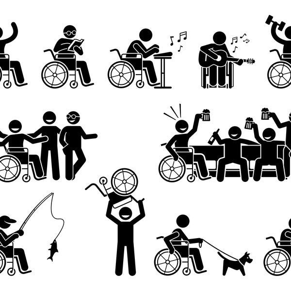 Happy Disabled Man Hobby Activities Exercise Workout Gym Guitar Social Life Friends Fishing Pet Dog Wheelchair Stick Figure PNG SVG Vector