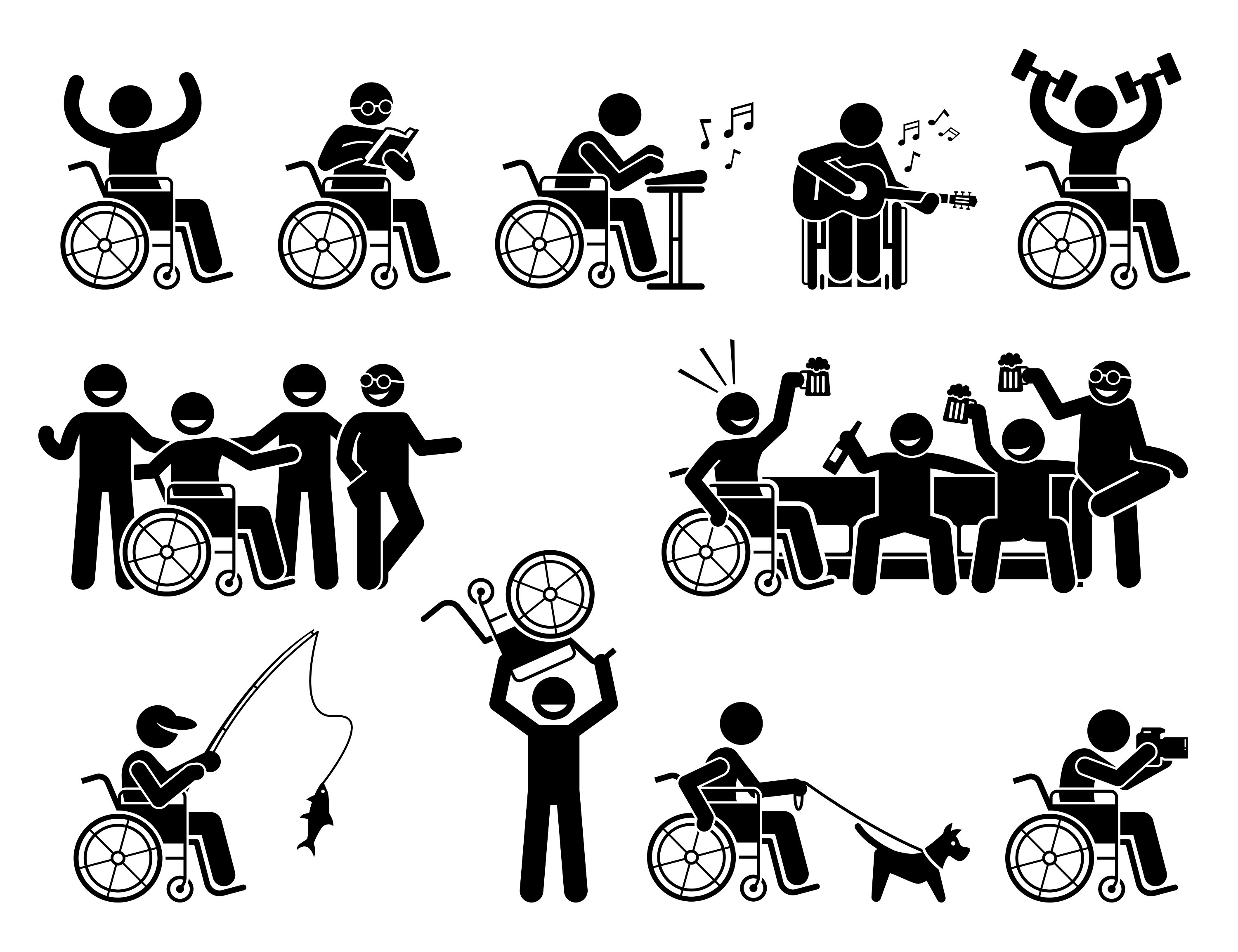 Happy Disabled Man Hobby Activities Exercise Workout Gym Guitar Social Life Friends Fishing Pet Dog Wheelchair Stick Figure PNG SVG Vector