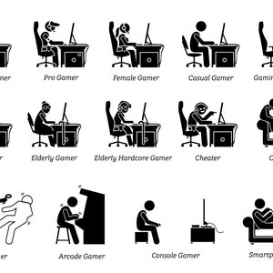 Hardcore Gamer, Pro Gamer, Female Gamer, Casual Gamer, Kid, VR Gamer, Arcade, Console Gamer, Smartphone, SVG, EPS, Vector, png, Elderly