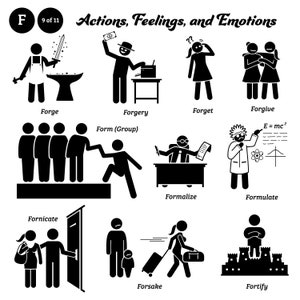 May include: Black and white stick figure illustrations depicting various actions, feelings, and emotions. The words "Forge", "Forgery", "Forget", "Forgive", "Form (Group)", "Fornicate", "Formalize", "Formulate", "Forsake", and "Fortify" are listed below each illustration.