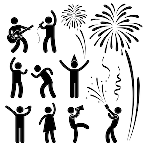 Party Celebration Celebrating Festival People Drinking Dancing Happy New Year Fireworks Anniversary Event Confetti Stickman PNG SVG Vector image 1