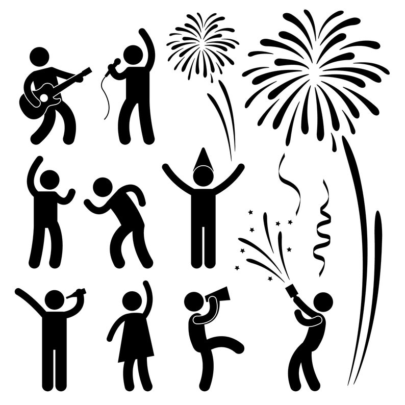 Party Celebration Celebrating Festival People Drinking Dancing Happy New Year Fireworks Anniversary Event Confetti Stickman PNG SVG Vector image 1