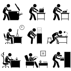 May include: Black and white stick figure illustrations of people working in an office. The illustrations show people using a copier, working at a desk, using a water cooler, and filing papers.