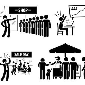 Peut inclure: Illustration en noir et blanc de quatre scénarios commerciaux différents. Le premier montre un homme d'affaires riant et pointant du doigt une file de personnes attendant d'entrer dans un magasin. Le deuxième montre un homme d'affaires assis à un bureau avec un ordinateur portable et un graphique montrant une hausse des profits. Le troisième montre un homme d'affaires riant et pointant du doigt un groupe de personnes faisant leurs courses le jour des soldes. Le quatrième montre une personne vendant de la crème glacée à une file de clients sous un parasol.