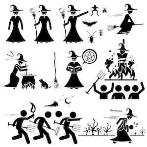May include: Black and white illustrations of a witch performing various magical acts, including flying on a broomstick, stirring a cauldron, and reading a book. The illustrations also depict a witch being burned at the stake, a pentagram, and a cat.