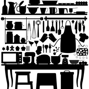 May include: Black and white silhouette illustration of a kitchen with a table, two stools, a microwave, a mixer, a toaster, a baking sheet, a scale, a colander, a bowl, a variety of kitchen utensils, and a shelf with various kitchen supplies.