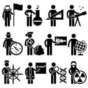 May include: Black and white stick figure icons representing different professions. The icons include an astronaut, scientist, mathematician, astronomer, explorer, geologist, musician, physicist, biologist, and nuclear engineer.