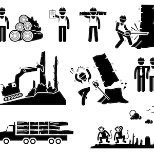 May include: Black and white illustration depicting deforestation.  A logging truck, excavator, and workers are cutting down trees.  Monkeys are shown in the background.