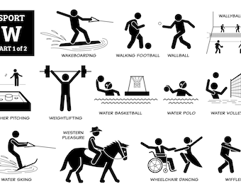 Könnte beinhalten: Schwarz-weiße Illustrationen verschiedener Sportarten, darunter Wakeboarden, Walking Football, Wallball, Waschmaschinen-Werfen, Gewichtheben, Wasserbasketball, Wasserpolo, Wasser-Volleyball, Wasserski, Western Pleasure, Rollstuhltanzen und Wiffleball. Der Text "SPORT W PART 1 of 2" befindet sich oben im Bild.