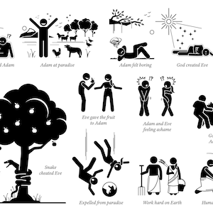 May include: Black and white illustration depicting the story of Adam and Eve in the Garden of Eden. The illustrations show the creation of Adam and Eve, their temptation by a snake, their expulsion from paradise, and their subsequent life on Earth.