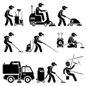 Industrial Cleaning Worker Tools Equipment Cart Sweeper Vehicle Machine Vacuum Cleaner Jet Water Cleaner Truck Wiping Windows PNG SVG Vector