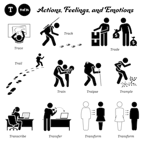 Könnte beinhalten: Schwarz-Weiß-Illustrationen, die verschiedene Aktionen, Gefühle und Emotionen darstellen. Das Bild zeigt Strichmännchen, die Konzepte wie Verfolgen, Handeln, Trainieren und Verwandeln repräsentieren. Textbeschriftungen begleiten jede Illustration.