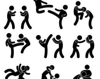 Stick Figure Fighting People Versus Kick Punch Attack Martial Arts Boxing Tournament Tourney Duel VS Human Pictogram Stickman PNG SVG Vector