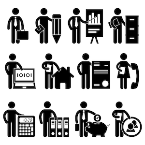 Puede incluir: Un conjunto de iconos de figuras de palo en blanco y negro con temas de negocios. Los iconos representan diversas actividades, como llevar un maletín, usar un lápiz, presentar un gráfico, usar una computadora portátil e interactuar con una casa, un documento, un teléfono, una calculadora, carpetas, una alcancía y un grupo de personas.