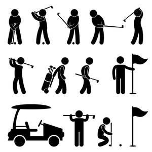 May include: A collection of black and white stick figure illustrations depicting various golf activities. The images show golfers in different poses, including swinging, walking with clubs, and near a golf cart and flag.